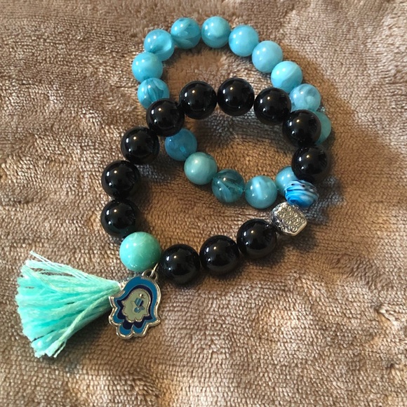 Stackable Set of 2 Turquoise and black bracelets - Picture 1 of 6